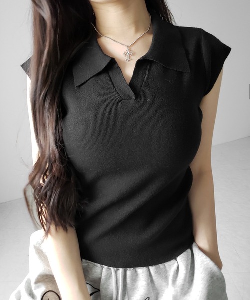 me+em select(ミームセレクト)の「※※【 3color 】スキッパー半袖ニットトップス /skipper short sleeve knit tops(Tシャツ/カットソー・レディース・グレー/ブラック/ホワイト・FREE)」の4枚目の写真