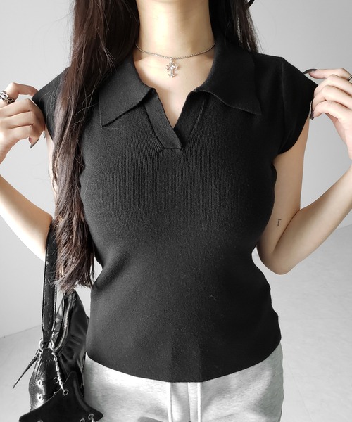 me+em select(ミームセレクト)の「※※【 3color 】スキッパー半袖ニットトップス /skipper short sleeve knit tops(Tシャツ/カットソー・レディース・グレー/ブラック/ホワイト・FREE)」の9枚目の写真