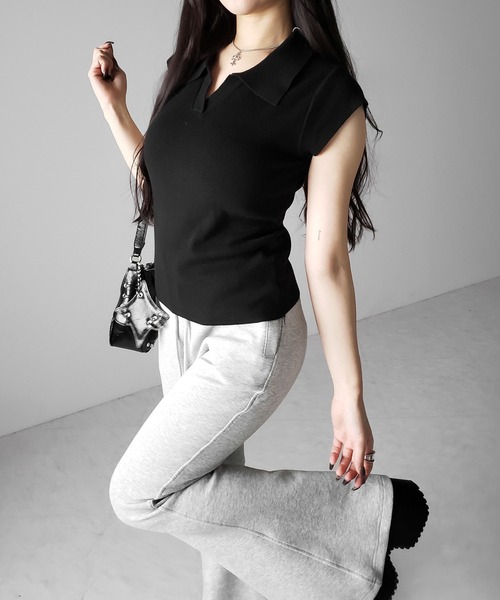 me+em select(ミームセレクト)の「※※【 3color 】スキッパー半袖ニットトップス /skipper short sleeve knit tops(Tシャツ/カットソー・レディース・グレー/ブラック/ホワイト・FREE)」の11枚目の写真