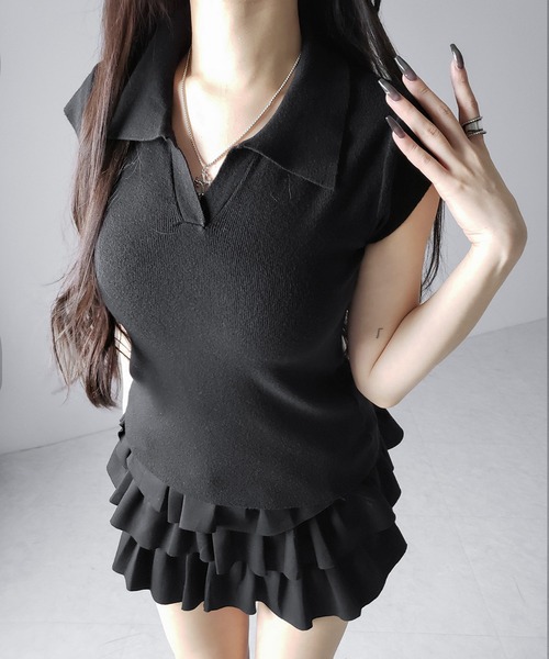 me+em select(ミームセレクト)の「※※【 3color 】スキッパー半袖ニットトップス /skipper short sleeve knit tops(Tシャツ/カットソー・レディース・グレー/ブラック/ホワイト・FREE)」の13枚目の写真