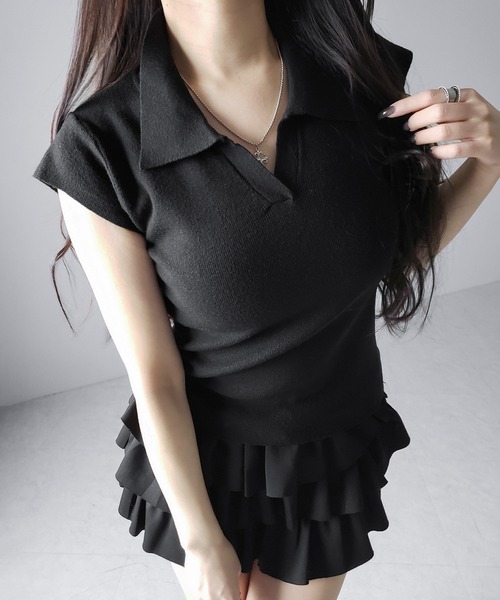 me+em select(ミームセレクト)の「※※【 3color 】スキッパー半袖ニットトップス /skipper short sleeve knit tops(Tシャツ/カットソー・レディース・グレー/ブラック/ホワイト・FREE)」の14枚目の写真