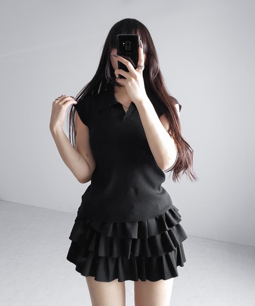 me+em select(ミームセレクト)の「※※【 3color 】スキッパー半袖ニットトップス /skipper short sleeve knit tops(Tシャツ/カットソー・レディース・グレー/ブラック/ホワイト・FREE)」の16枚目の写真
