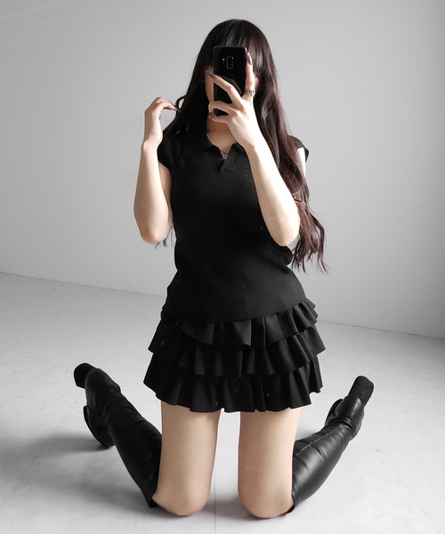 me+em select(ミームセレクト)の「※※【 3color 】スキッパー半袖ニットトップス /skipper short sleeve knit tops(Tシャツ/カットソー・レディース・グレー/ブラック/ホワイト・FREE)」の17枚目の写真