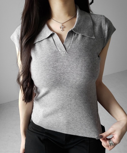 me+em select(ミームセレクト)の「※※【 3color 】スキッパー半袖ニットトップス /skipper short sleeve knit tops(Tシャツ/カットソー・レディース・グレー/ブラック/ホワイト・FREE)」の20枚目の写真
