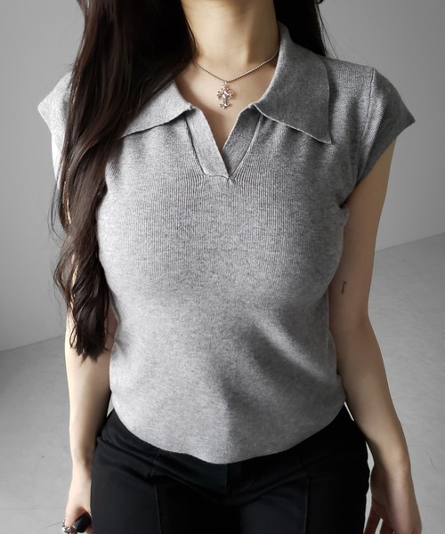 me+em select(ミームセレクト)の「※※【 3color 】スキッパー半袖ニットトップス /skipper short sleeve knit tops(Tシャツ/カットソー・レディース・グレー/ブラック/ホワイト・FREE)」の21枚目の写真