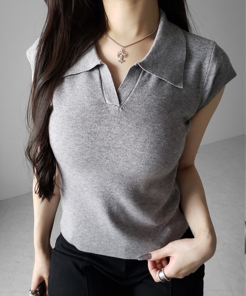 me+em select(ミームセレクト)の「※※【 3color 】スキッパー半袖ニットトップス /skipper short sleeve knit tops(Tシャツ/カットソー・レディース・グレー/ブラック/ホワイト・FREE)」の19枚目の写真