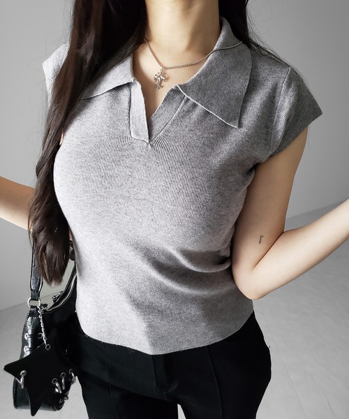 me+em select(ミームセレクト)の「※※【 3color 】スキッパー半袖ニットトップス /skipper short sleeve knit tops(Tシャツ/カットソー・レディース・グレー/ブラック/ホワイト・FREE)」の22枚目の写真