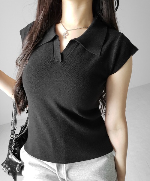 me+em select(ミームセレクト)の「※※【 3color 】スキッパー半袖ニットトップス /skipper short sleeve knit tops(Tシャツ/カットソー・レディース・グレー/ブラック/ホワイト・FREE)」の10枚目の写真