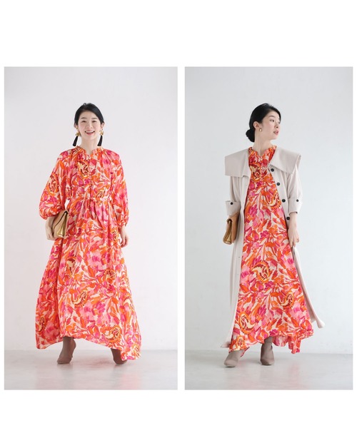 cawaii（カワイイ）の「エネルギッシュな色を纏うフラワーパターンロングワンピース（紐リボン付き）（ワンピース・レディース・オレンジ・FREE）」の11枚目の写真