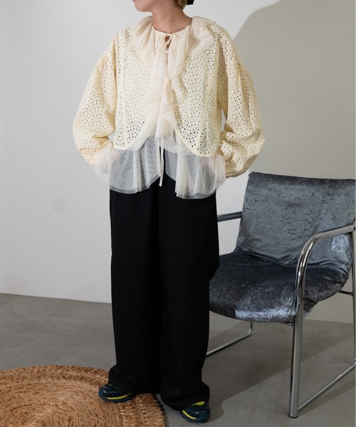 MIDVEIN(ミッドヴェイン)の「cutting lace x tulle blouse(シャツ/ブラウス・レディース・ブラック/ライトイエロー/ホワイト・FREE)」の5枚目の写真