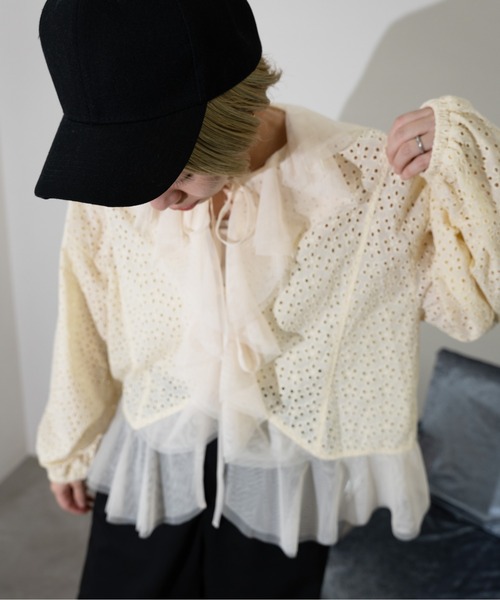 MIDVEIN(ミッドヴェイン)の「cutting lace x tulle blouse(シャツ/ブラウス・レディース・ブラック/ライトイエロー/ホワイト・FREE)」の6枚目の写真