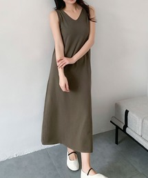 Vネック ノースリーブ Aライン ロングワンピース