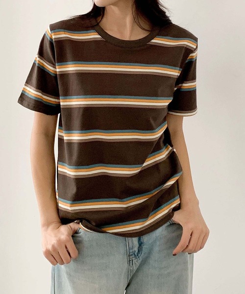 LOWO(ロワ)の「マルチボーダークルーネック半袖Tシャツ(Tシャツ/カットソー・レディース・ブラウン/オフホワイト/グレー/ブラック/ダークブラウン/グリーン・FREE)」の4枚目の写真
