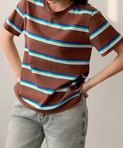 LOWO(ロワ)の「マルチボーダークルーネック半袖Tシャツ(Tシャツ/カットソー・レディース・ブラウン/オフホワイト/グレー/ブラック/ダークブラウン/グリーン・FREE)」の5枚目の写真