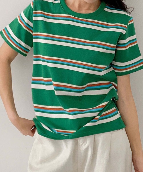 LOWO(ロワ)の「マルチボーダークルーネック半袖Tシャツ(Tシャツ/カットソー・レディース・ブラウン/オフホワイト/グレー/ブラック/ダークブラウン/グリーン・FREE)」の6枚目の写真