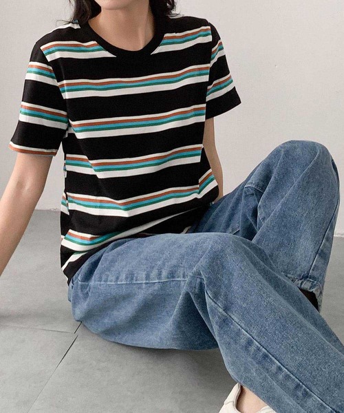 LOWO(ロワ)の「マルチボーダークルーネック半袖Tシャツ(Tシャツ/カットソー・レディース・ブラウン/オフホワイト/グレー/ブラック/ダークブラウン/グリーン・FREE)」の1枚目の写真