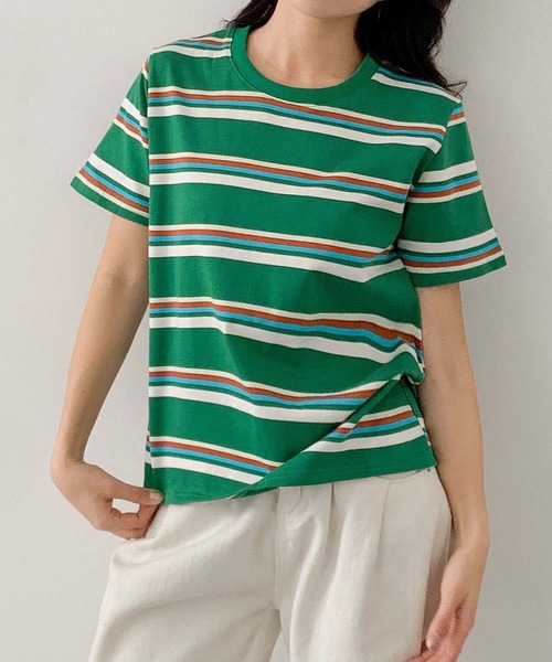LOWO(ロワ)の「マルチボーダークルーネック半袖Tシャツ(Tシャツ/カットソー・レディース・ブラウン/オフホワイト/グレー/ブラック/ダークブラウン/グリーン・FREE)」の8枚目の写真
