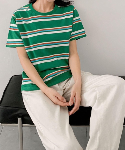 LOWO(ロワ)の「マルチボーダークルーネック半袖Tシャツ(Tシャツ/カットソー・レディース・ブラウン/オフホワイト/グレー/ブラック/ダークブラウン/グリーン・FREE)」の9枚目の写真