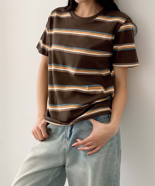 LOWO(ロワ)の「マルチボーダークルーネック半袖Tシャツ(Tシャツ/カットソー・レディース・ブラウン/オフホワイト/グレー/ブラック/ダークブラウン/グリーン・FREE)」の10枚目の写真