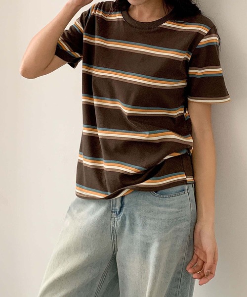 LOWO(ロワ)の「マルチボーダークルーネック半袖Tシャツ(Tシャツ/カットソー・レディース・ブラウン/オフホワイト/グレー/ブラック/ダークブラウン/グリーン・FREE)」の11枚目の写真