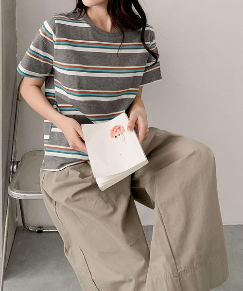 LOWO(ロワ)の「マルチボーダークルーネック半袖Tシャツ(Tシャツ/カットソー・レディース・ブラウン/オフホワイト/グレー/ブラック/ダークブラウン/グリーン・FREE)」の13枚目の写真