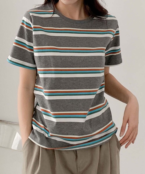 LOWO(ロワ)の「マルチボーダークルーネック半袖Tシャツ(Tシャツ/カットソー・レディース・ブラウン/オフホワイト/グレー/ブラック/ダークブラウン/グリーン・FREE)」の14枚目の写真