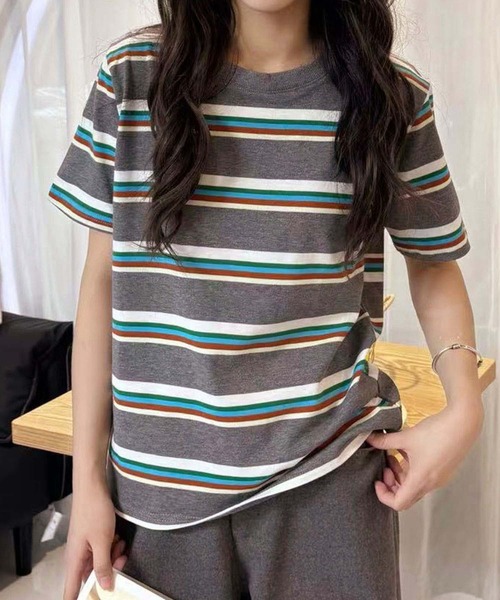 LOWO(ロワ)の「マルチボーダークルーネック半袖Tシャツ(Tシャツ/カットソー・レディース・ブラウン/オフホワイト/グレー/ブラック/ダークブラウン/グリーン・FREE)」の15枚目の写真