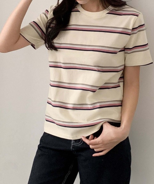 LOWO(ロワ)の「マルチボーダークルーネック半袖Tシャツ(Tシャツ/カットソー・レディース・ブラウン/オフホワイト/グレー/ブラック/ダークブラウン/グリーン・FREE)」の16枚目の写真
