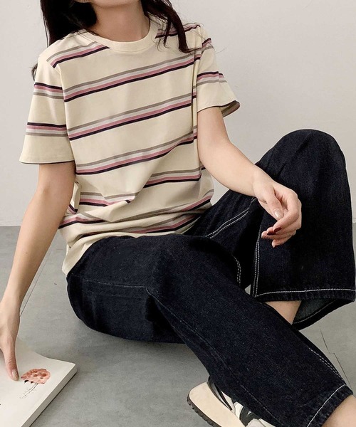 LOWO(ロワ)の「マルチボーダークルーネック半袖Tシャツ(Tシャツ/カットソー・レディース・ブラウン/オフホワイト/グレー/ブラック/ダークブラウン/グリーン・FREE)」の17枚目の写真