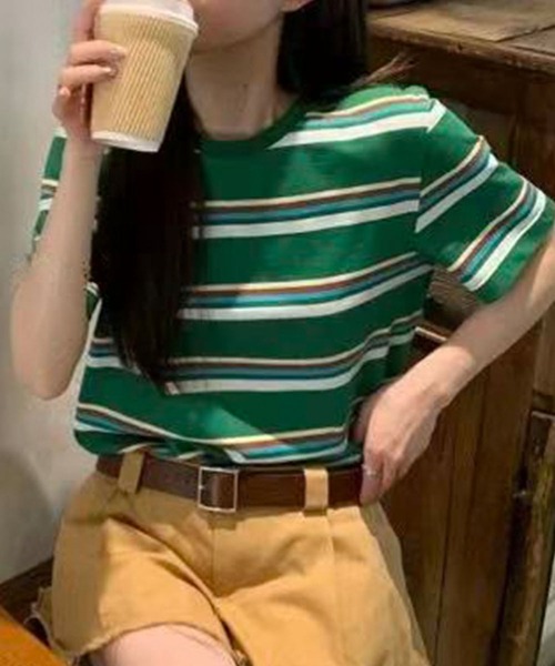 LOWO(ロワ)の「マルチボーダークルーネック半袖Tシャツ(Tシャツ/カットソー・レディース・ブラウン/オフホワイト/グレー/ブラック/ダークブラウン/グリーン・FREE)」の19枚目の写真