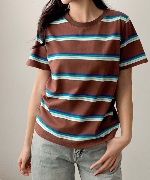 LOWO(ロワ)の「マルチボーダークルーネック半袖Tシャツ(Tシャツ/カットソー・レディース・ブラウン/オフホワイト/グレー/ブラック/ダークブラウン/グリーン・FREE)」の20枚目の写真