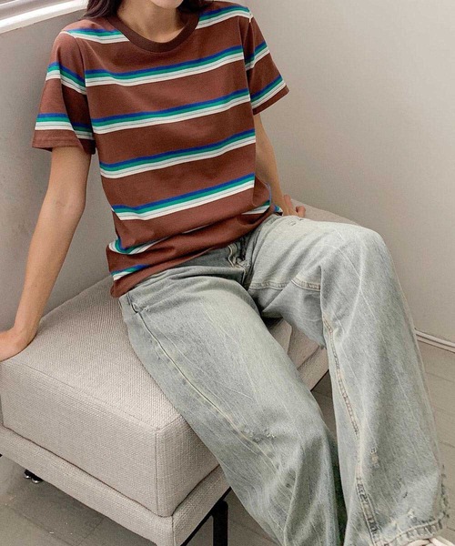 LOWO(ロワ)の「マルチボーダークルーネック半袖Tシャツ(Tシャツ/カットソー・レディース・ブラウン/オフホワイト/グレー/ブラック/ダークブラウン/グリーン・FREE)」の21枚目の写真