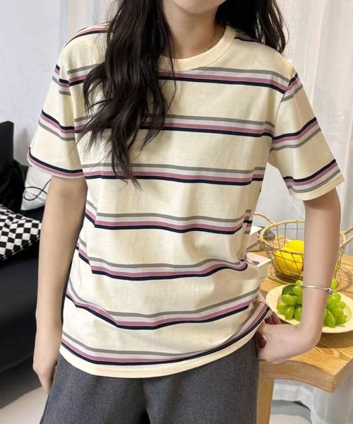 LOWO(ロワ)の「マルチボーダークルーネック半袖Tシャツ(Tシャツ/カットソー・レディース・ブラウン/オフホワイト/グレー/ブラック/ダークブラウン/グリーン・FREE)」の22枚目の写真