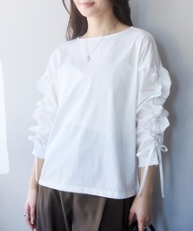 PREFERIR（プレフェリール）の「【洗える／綿混】シャーリングフリル七分袖カットソーブラウス（着丈58cm）／通勤・きれいめ・体型カバー（Tシャツ/カットソー）」