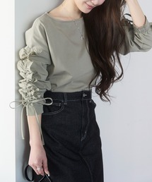 PREFERIR（プレフェリール）の「【洗える／綿混】シャーリングフリル七分袖カットソーブラウス（着丈58cm）／通勤・きれいめ・体型カバー（Tシャツ/カットソー）」