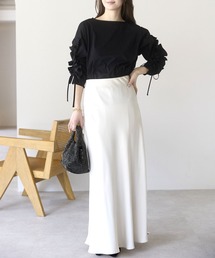 PREFERIR | 【洗える／綿混】シャーリングフリル七分袖カットソーブラウス（着丈58cm）／通勤・きれいめ・体型カバー(Tシャツ/カットソー)