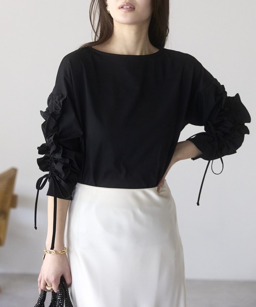 PREFERIR（プレフェリール）の「【洗える／綿混】シャーリングフリル七分袖カットソーブラウス（着丈58cm）／通勤・きれいめ・体型カバー（Tシャツ/カットソー・レディース・カーキ/オフホワイト/ブラック・FREE）」の18枚目の写真