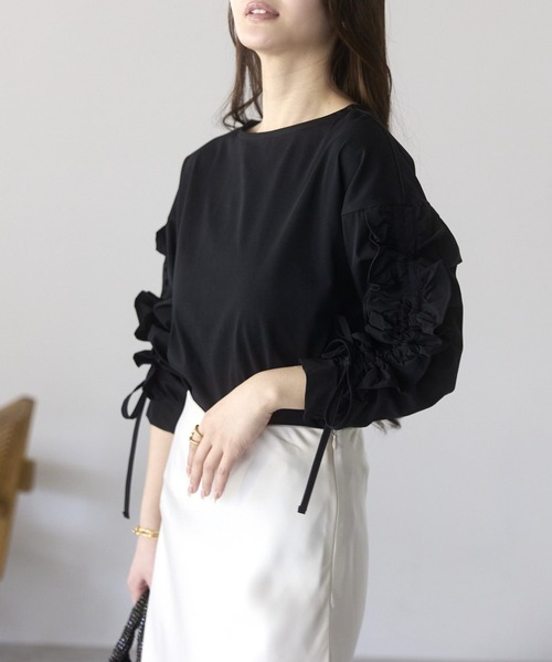 PREFERIR（プレフェリール）の「【洗える／綿混】シャーリングフリル七分袖カットソーブラウス（着丈58cm）／通勤・きれいめ・体型カバー（Tシャツ/カットソー・レディース・カーキ/オフホワイト/ブラック・FREE）」の20枚目の写真