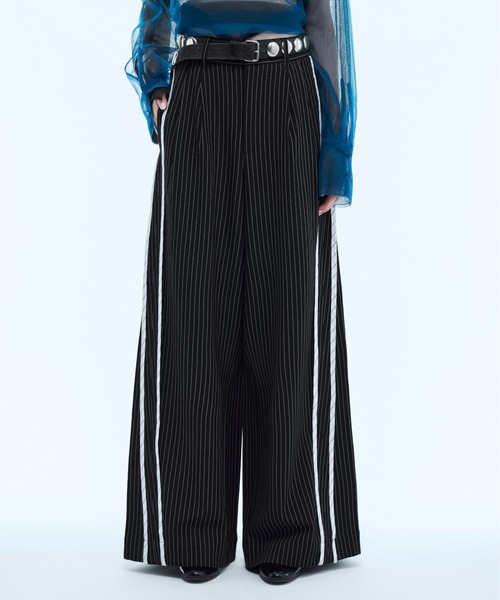 サイドストライプ 黒白 ストレートパンツ Stripe line wide straight pants / ストライプサイドラインストレート