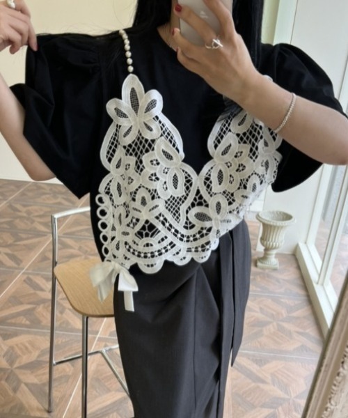 deux amour（ドゥーザムール）の「サイドリボンレースキャミレイヤード半袖トップス（その他トップス・レディース・ブラック/グレー・FREE）」の2枚目の写真