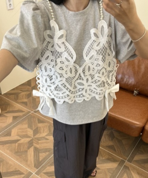 deux amour（ドゥーザムール）の「サイドリボンレースキャミレイヤード半袖トップス（その他トップス・レディース・ブラック/グレー・FREE）」の13枚目の写真
