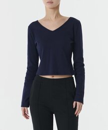 ウィメンズスリムクロップリバーシブルネック長袖Tシャツ[ネイビー]