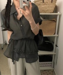シアーシャツ 半袖 フリルヘム ドローストリング ボタン開き