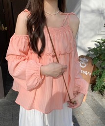 オフショルダーリボン長袖シャツ