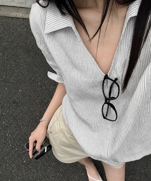 【春夏新作】フロントファスナーV開きストライプシャツ