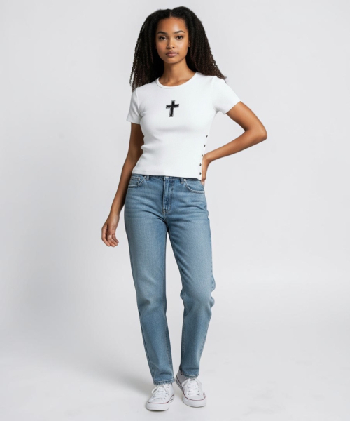 BORN SLIPPY（ボーンスリッピー）の「Gothic Cross Snap Top (Ivory)（Tシャツ/カットソー・レディース・その他・FREE）」の5枚目の写真