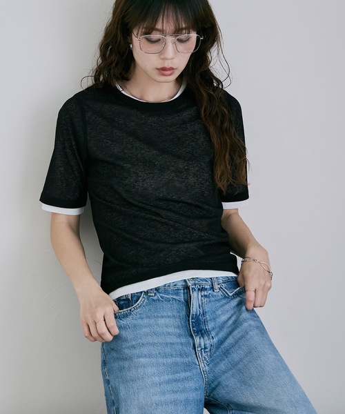 etoll.(エトル)の「2ピースリブシアーレイヤードトップス(Tシャツ/カットソー・レディース・チャコール/オフホワイト/ブラック/イエロー・M)」の1枚目の写真