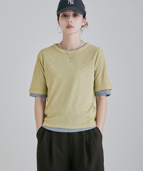 etoll.(エトル)の「2ピースリブシアーレイヤードトップス(Tシャツ/カットソー・レディース・チャコール/オフホワイト/ブラック/イエロー・M)」の5枚目の写真