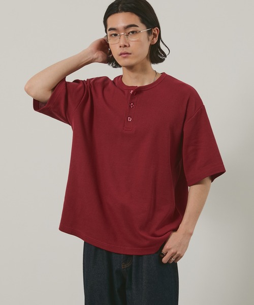 EMMA CLOTHES（エマクローズ）の「ハニカムサーマル ヘンリーネック オーバーサイズ半袖Tシャツ（Tシャツ/カットソー・メンズ・ブルー/ブラック/オフホワイト/バーガンディー・L/M）」の16枚目の写真