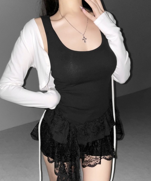 me+em select(ミームセレクト)の「【 2color 】レースフリルアシンメトリータンクトップ /lace frill asymmetry tank top(タンクトップ・レディース・ホワイト/ブラック・FREE)」の9枚目の写真